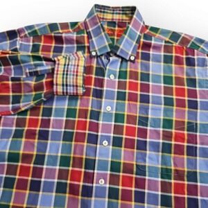 Alan Flusser 100% Cotton Flip Cuff Colorful Plaid Shirt Size‎ Large